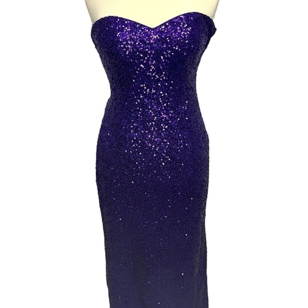 La Femme Maxi Dress Women’s Sz 8‎ Purple Sequins Sweetheart Neckline Cutout Back